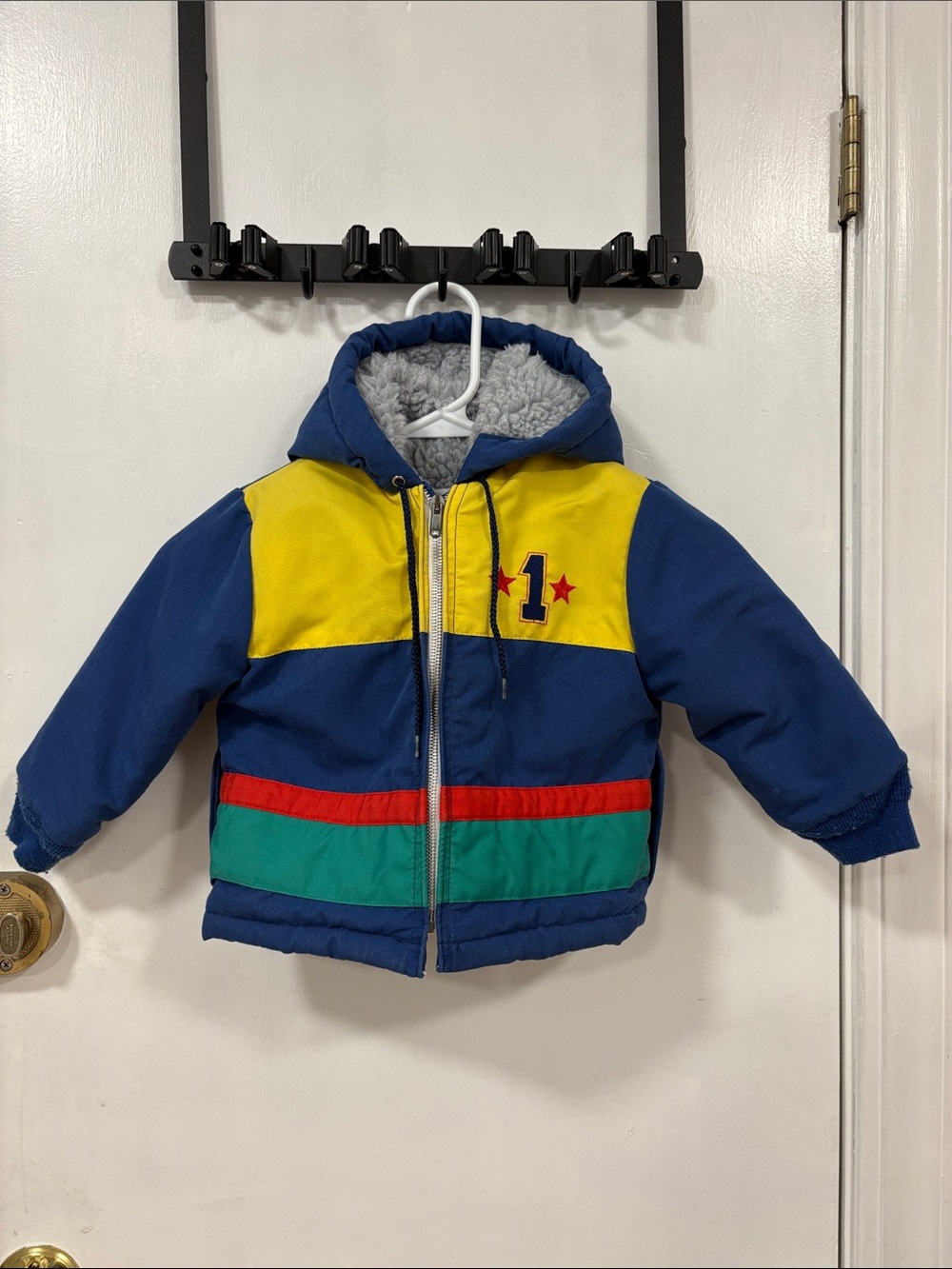 Vintage Kids Blue & Yellow Hooded Puffer Jacket with Colorblock Stripes